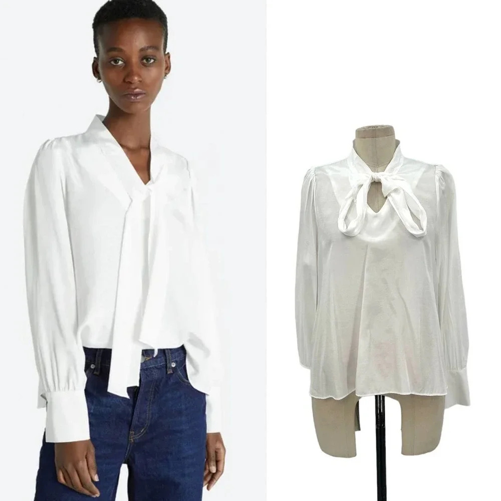 HAVELESS Shine‎ Tie Blouse in White Neck Tie Pussybow One Size